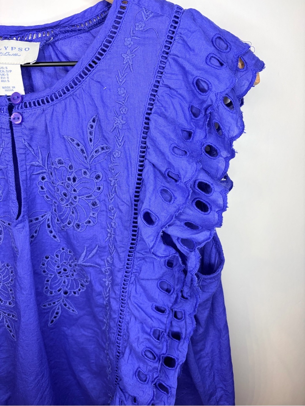 Calypso St. Barth Cobalt Blue Eyelet Embroidered Ruffle Tank Top, Size Small - Picture 3 of 8